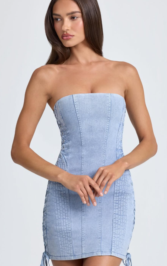 OhPolly- Bandeau Lace-Up Mini Dress in Light Blue Stonewash