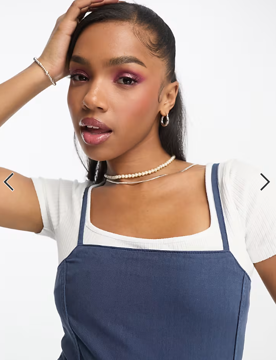 Monki denim midi pinafore dress in mid wash blue