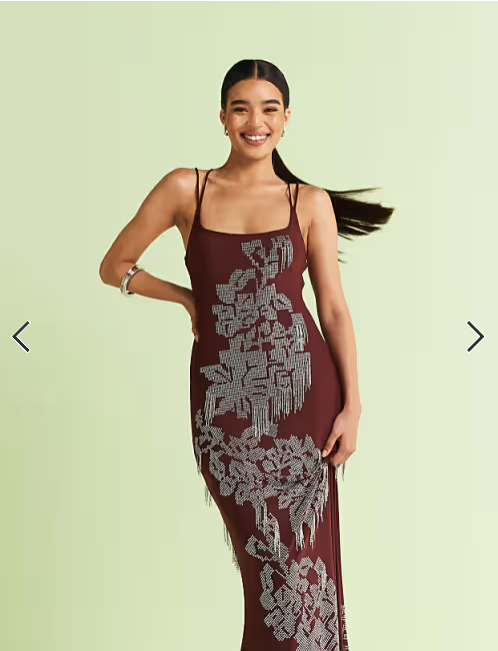 ASOS DESIGN square neck artwork floral hotfix maxi dress with fringe embellishment in chocolate
