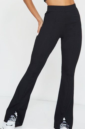 Black Rib Split Hem Flared Trousers