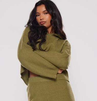 Plt - Khaki Soft Rib Knit Hooded Jumper