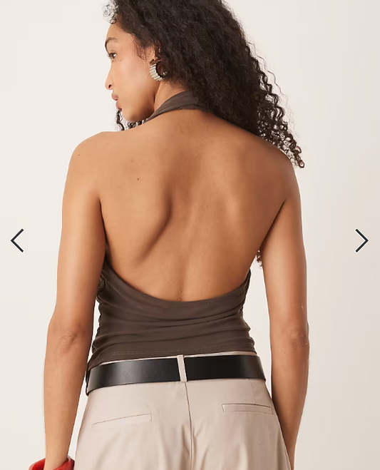 Mango asymmetric halter neck top with ruched cinch waist detail in mocha brown