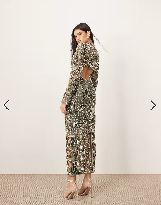 ARRANGE embellished metal look cage cut work maxi dress in dark green