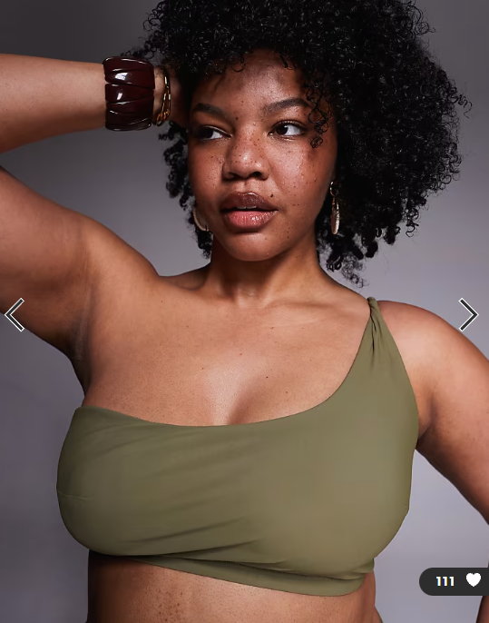 ASOS DESIGN Curve Tina Twisted paper touch one shoulder crop bikini top in khaki