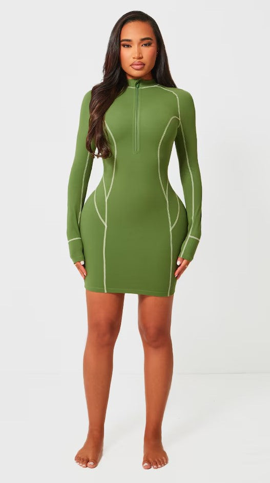 Shape Khaki Soft Seamless Contrast Long Sleeve Bodycon Dress