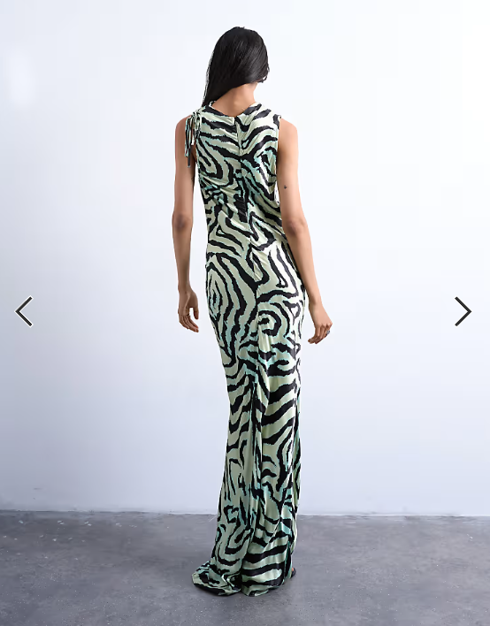Topshop bias ruched arm hole maxi occasion dress in green zebra