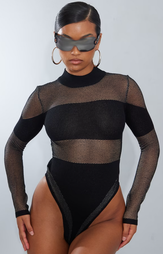 Black Sheer Knit Contrast Panel Bodysuit