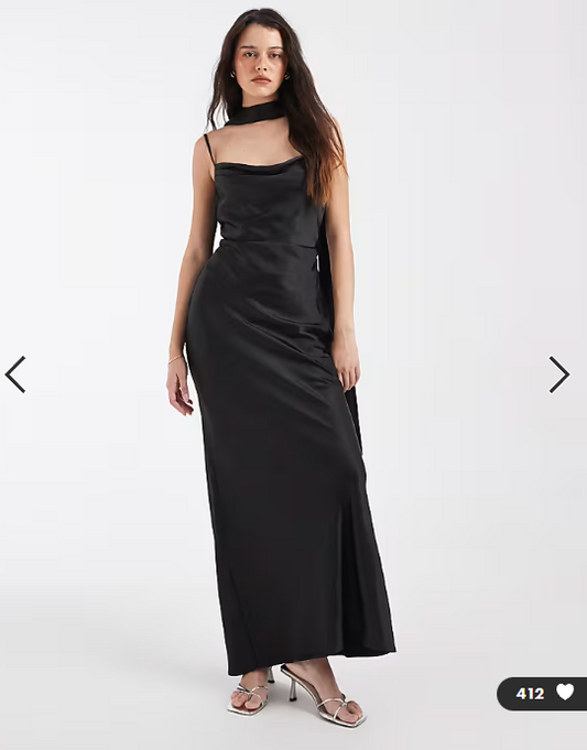 Pretty Lavish Bridesmaid Keisha satin cowl neck maxi dress with scarf in black
