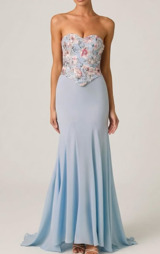 OhPolly-Embellished Corset Fishtail Gown in Floral Blue
