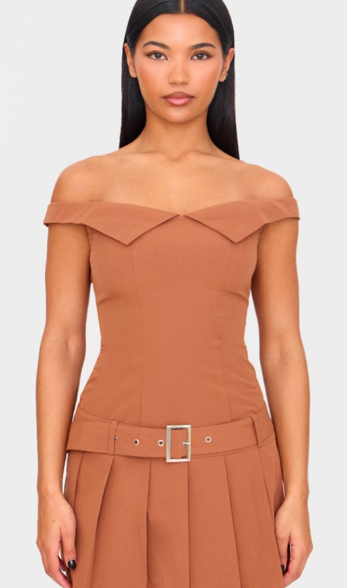 Plt - Taupe Bardot Belted Pleated Shift Dress