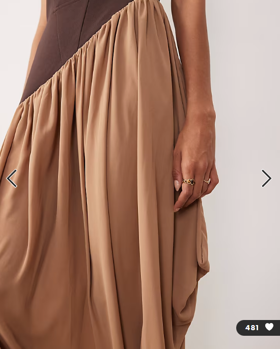 ASOS DESIGN structured curved bandeau neckline midi dress with contrast soft draped skirt in brown