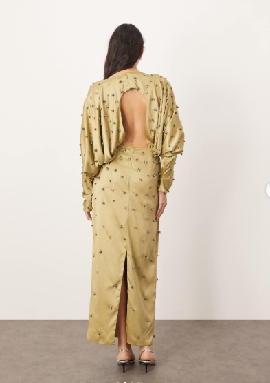 Arrange - embellished ball bearing strong shoulder open back maxi dress in green