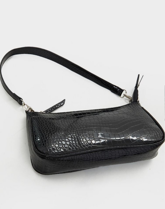 Prettylittlething Black Croc Shoulder Bag