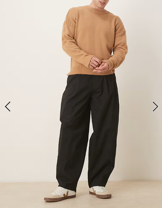 ASOS DESIGN smart 100% cotton plated wide barrel leg trousers in black