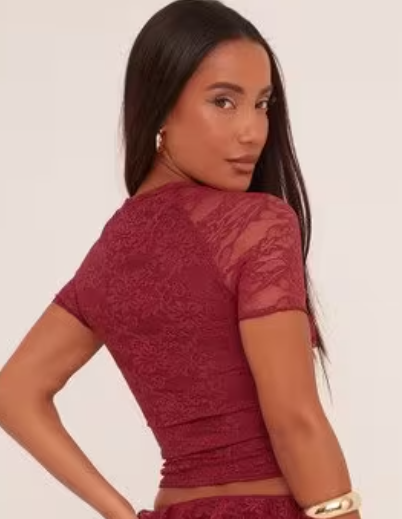 Ego - Short Sleeve Frill Bust T-Shirt In Burgundy Lace