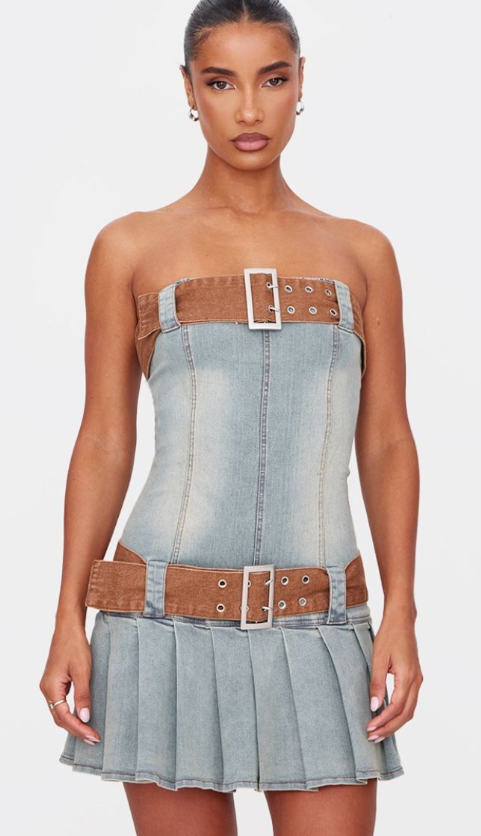 Plt - Vintage Western Belt Detail Pleated Denim Mini Dress