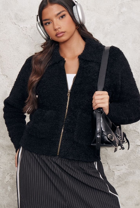 Plt - Black Pocket Detail Zip Up Knitted Jacket