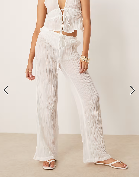 Mango ramie crinkle tie waist pants in white