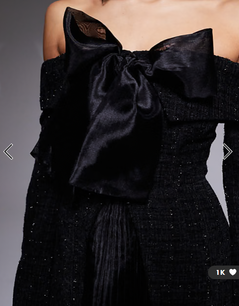 ASOS LUXE boucle bardot mini dress with pleated skirt and bow in black