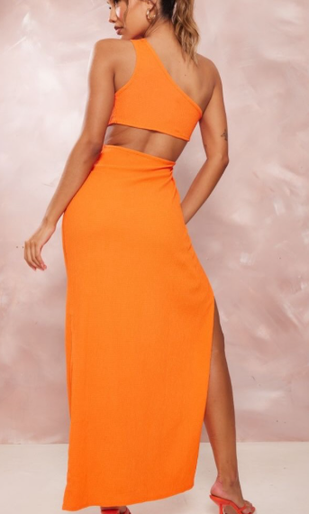 Plt orange textured ring detail cut out one shoulder maxi dress