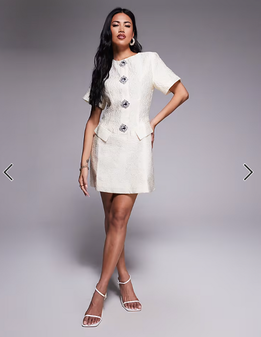 ASOS LUXE jacquard sculpted mini dress with embellished buttons in floral