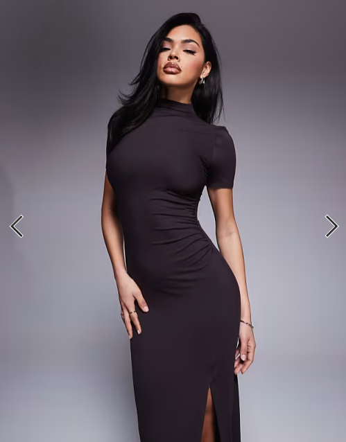 ASOS DESIGN high neck maxi dress with short sleeves and high split in chocolate