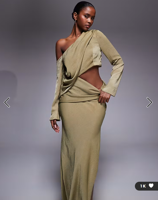 ASOS DESIGN fallen shoulder maxi dress with cutout waist in khaki