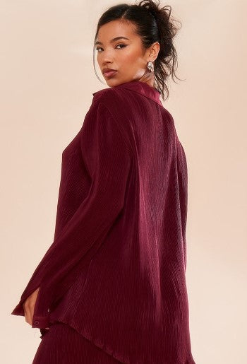 Oxblood Plisse Button Front Oversized Shirt