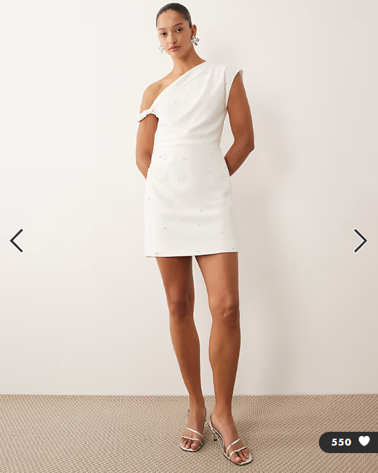 Six Stories Bridal fallen shoulder pearl detail mini dress in white