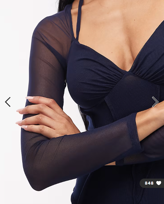ASOS DESIGN mesh long sleeve maxi dress with exposed seam detail in navy