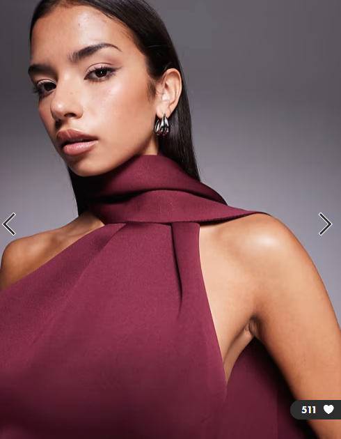 ASOS DESIGN draped scarf neck detail midi dress in burgundy scuba-style fabric
