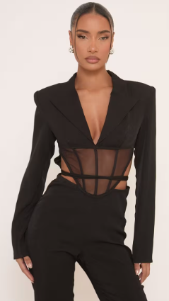Long Sleeve Mesh Insert Cut Out Corseted Tailored Jumpsuit In Black