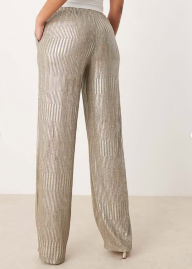 JDY Petite ribbed wide leg trousers in silver