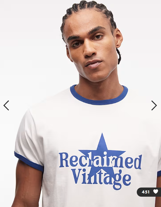 Reclaimed Vintage ringer tee with star print in white and navy blue