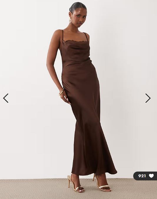 Vila lace insert cowl neck satin cami maxi dress in chocolate brown