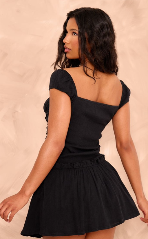 Black Textured Ruched Puff Sleeve Bodycon Dress