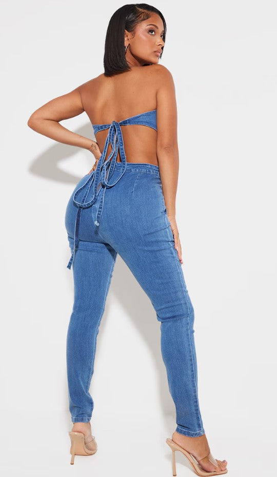 Shape Mid Blue Wash Cup Detail Tie Back Denim Jumpsuit