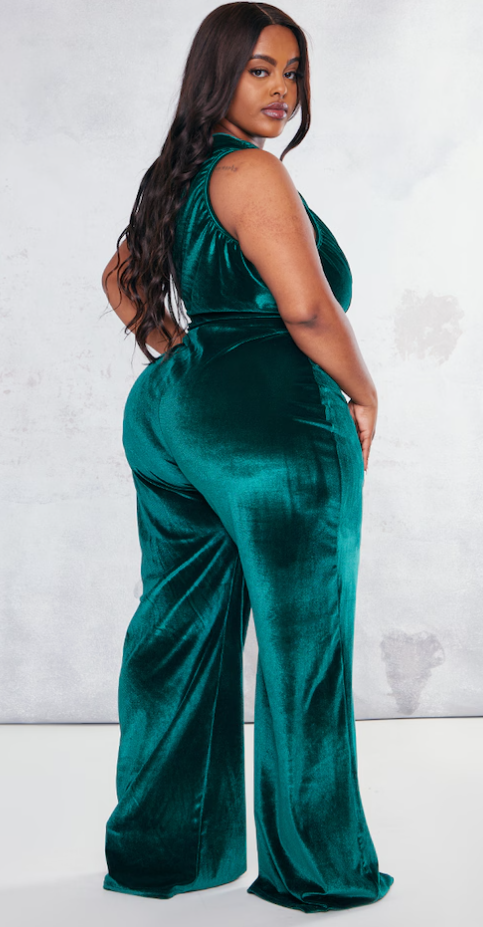 Plus Emerald Green Velvet One Shoulder Wide Leg Jumpsuit