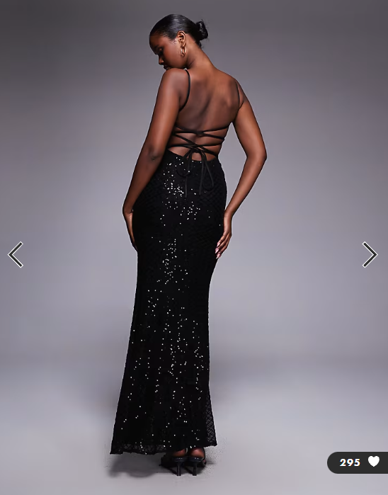 ASOS DESIGN embellished grid sequin lace up back maxi dress in black