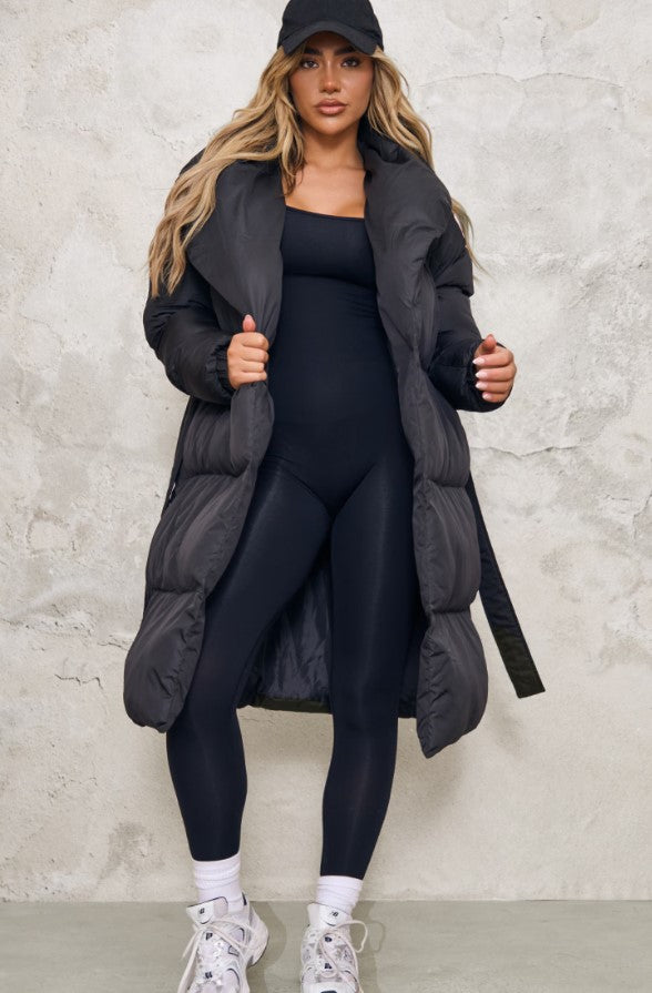 Black Oversized Collar Belted Longline Puffer