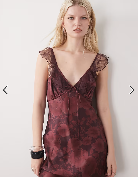 Reclaimed Vintage maxi cami tea dress with flutter lace sleeves in burgundy red floral print