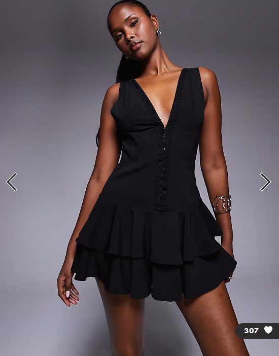 Murci plunge hook & eye ruffle hem mini dress in black
