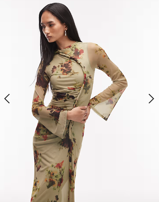 ASOS DESIGN printed mesh long sleeve maxi dress with twist detail in green floral print