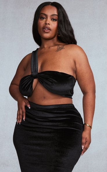 PLUS BLACK VELVET ASYMMETRIC STRAP BANDEAU TOP
