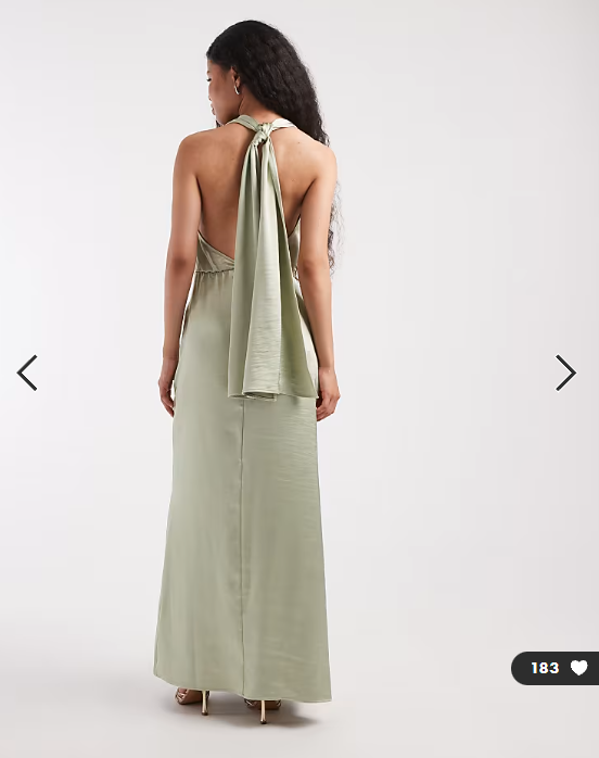 TFNC Petite Bridesmaid satin plunge halter neck tassel detail maxi dress in sage green