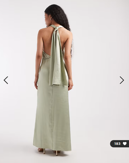 TFNC Petite Bridesmaid satin plunge halter neck tassel detail maxi dress in sage green