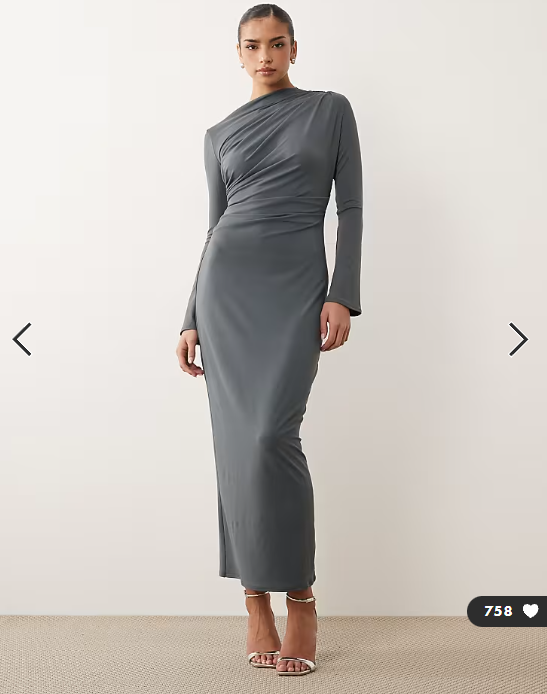 ASOS DESIGN asymmetric drape slash neck maxi dress in slate grey