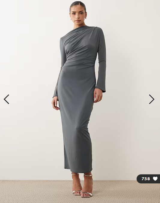 ASOS DESIGN asymmetric drape slash neck maxi dress in slate grey