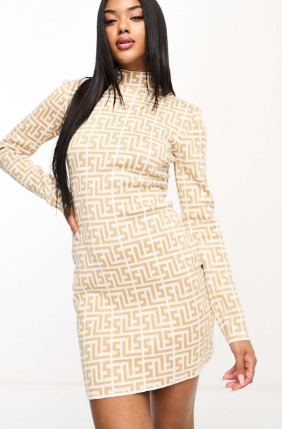 Asos - SIMMI London - High neck mini jumper dress in beige geo print