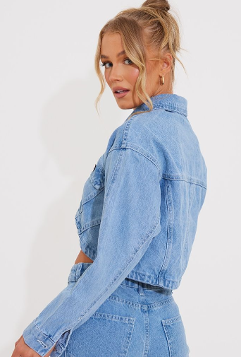 Light Blue Wash Seam Front Detail Curved Hem Super Cropped Denim Jacket